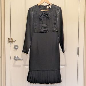 Vintage 80s Nipon Boutique 6 Black Bow Pencil Tuxedo Dress with Pleated Hem